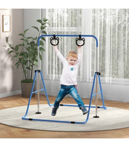 Barra de Gimnasia para Niños con Altura Ajustable en 5 Niveles y Anillos Entrenamiento de Gimnasia Plegable en Casa Azul