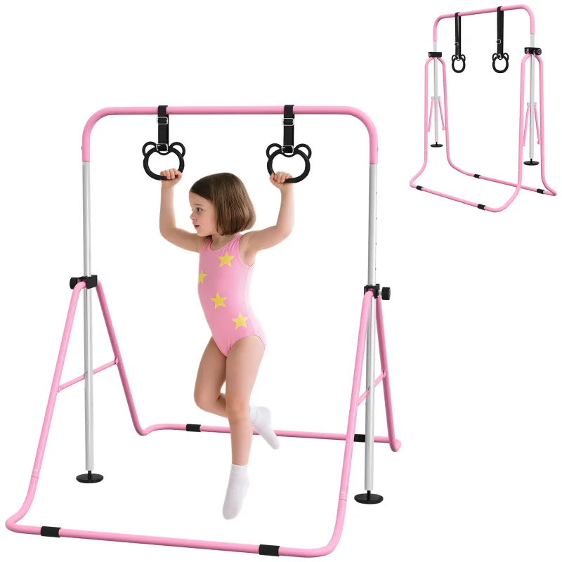Barra de Gimnasia para Niños con Altura Ajustable en 5 Niveles y Anillos Entrenamiento de Gimnasia Plegable en Casa Rosa