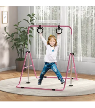 Barra de Gimnasia para Niños con Altura Ajustable en 5 Niveles y Anillos Entrenamiento de Gimnasia Plegable en Casa Rosa