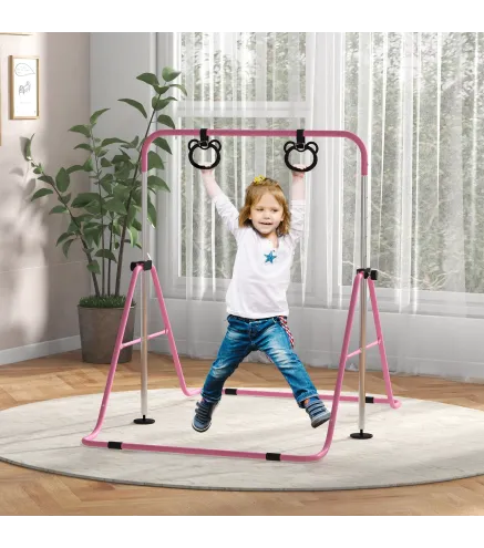 Barra de Gimnasia para Niños con Altura Ajustable en 5 Niveles y Anillos Entrenamiento de Gimnasia Plegable en Casa Rosa