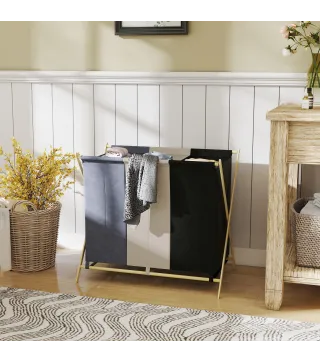 Cesto para Ropa Sucia Plegable con 3 Compartimentos Capacidad 129L con Marco de Bambú y Bolsas Extraíbles Multicolor