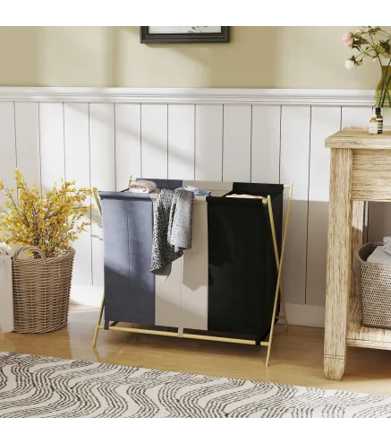 Cesto para Ropa Sucia Plegable con 3 Compartimentos Capacidad 129L con Marco de Bambú y Bolsas Extraíbles Multicolor