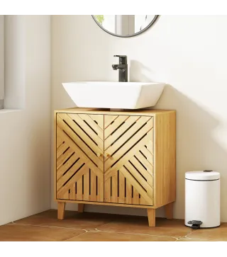 Mueble bajo Lavabo de Bambú con 2 Puertas Lamas y Estante Ajustable para Lavabo sin Pedestal 60x30x60 cm Natural