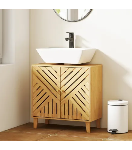 Mueble bajo Lavabo de Bambú con 2 Puertas Lamas y Estante Ajustable para Lavabo sin Pedestal 60x30x60 cm Natural