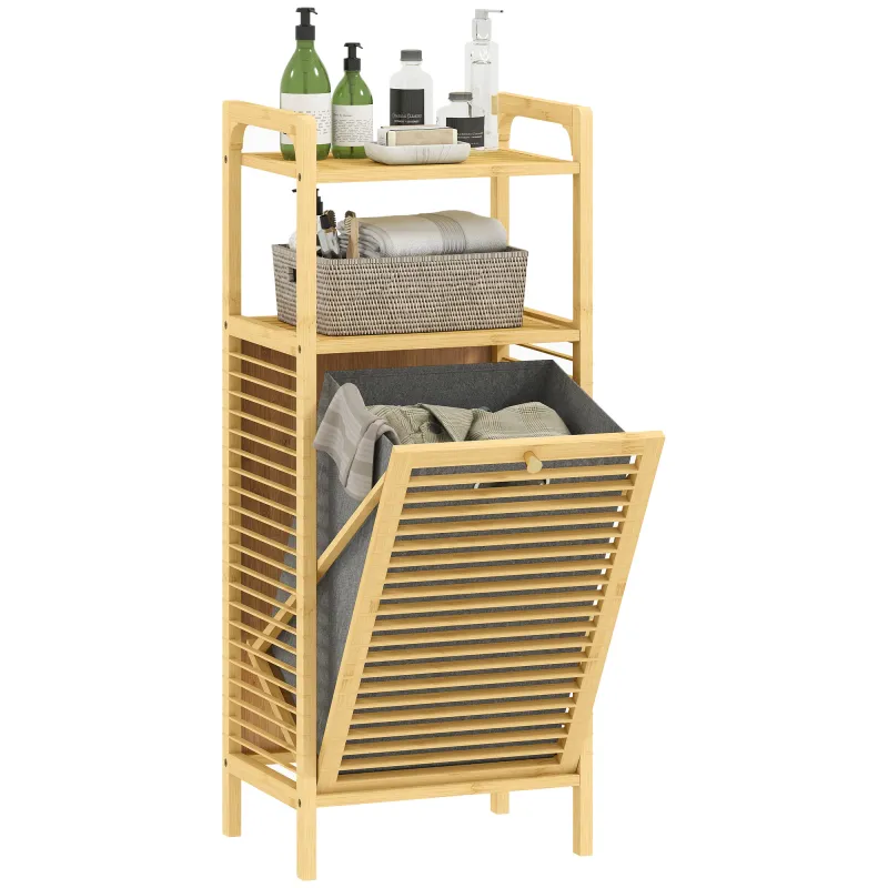 Armario de Baño Estrecho de Bambú con 2 Estantes Abiertos Cesto Extraíble y Diseño con Listones 40x30x95 cm Natural Armario de Baño Estrecho de Bambú con 2 Estantes Abiertos Cesto Extraíble y Diseño con Listones 40x30x95 cm Natural