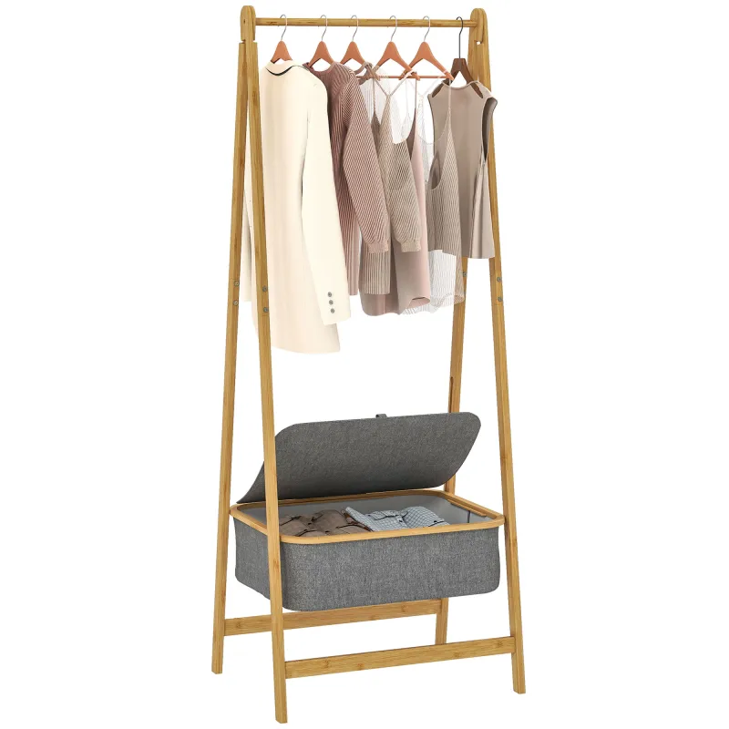 Burro para Ropa Plegable de Bambú con Cesta de Tela con Tapa para Recibidor Entrada Dormitorio 60x44,5x157,5 cm Gris