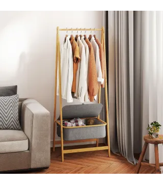 Burro para Ropa Plegable de Bambú con Cesta de Tela con Tapa para Recibidor Entrada Dormitorio 60x44,5x157,5 cm Gris