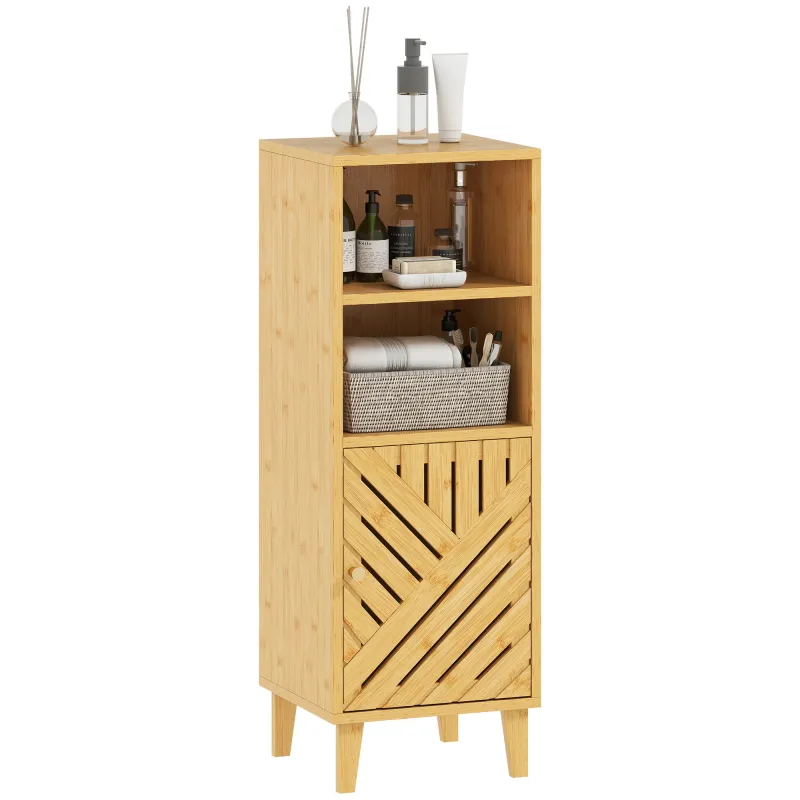Armario de Baño Estrecho Mueble Auxiliar de Baño con 2 Estantes Abiertos Puerta y Patas de Bambú 32x30x90 cm Natural Armario de Baño Estrecho Mueble Auxiliar de Baño con 2 Estantes Abiertos Puerta y Patas de Bambú 32x30x90 cm Natural