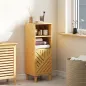 Armario de Baño Estrecho Mueble Auxiliar de Baño con 2 Estantes Abiertos Puerta y Patas de Bambú 32x30x90 cm Natural