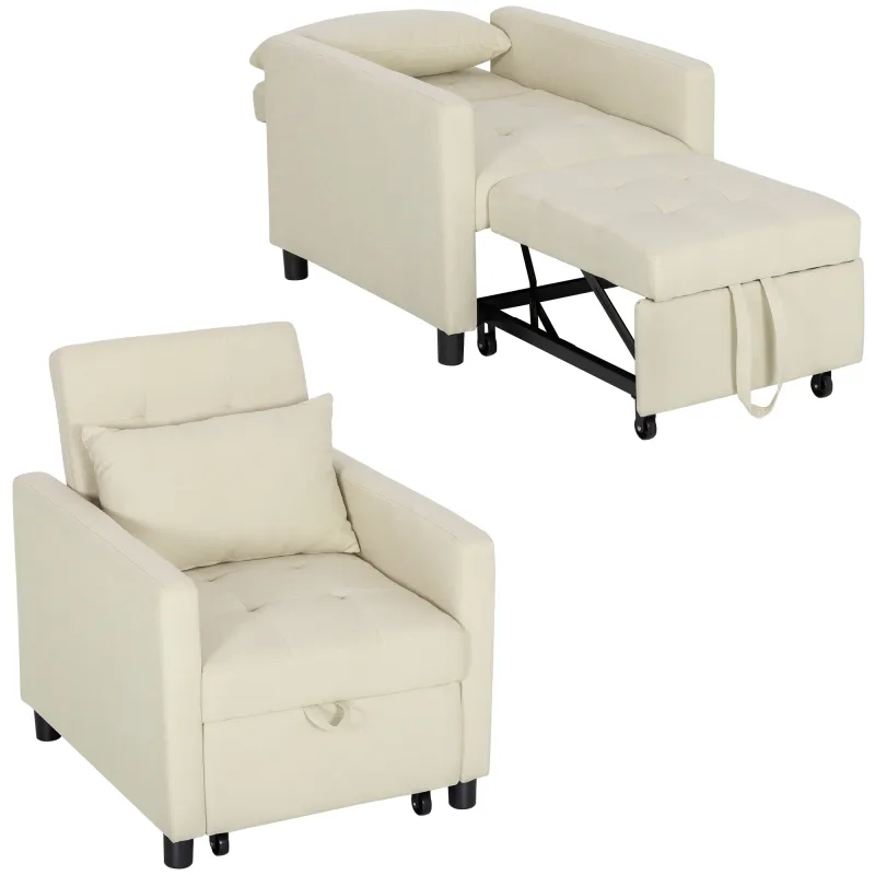 Sofá Cama de 1 Plaza Tapizado en Lino con Respaldo Ajustable de 3 Niveles y Almohada Acolchada 69x82,5x84 cm Beige