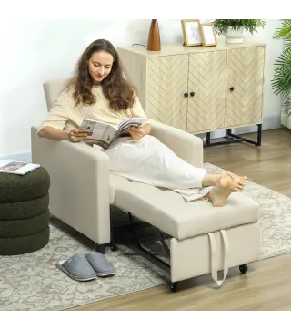 Sofá Cama de 1 Plaza Tapizado en Lino con Respaldo Ajustable de 3 Niveles y Almohada Acolchada 69x82,5x84 cm Beige