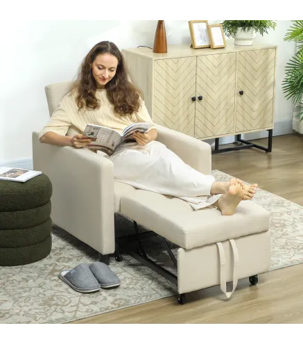 Sofá Cama de 1 Plaza Tapizado en Lino con Respaldo Ajustable de 3 Niveles y Almohada Acolchada 69x82,5x84 cm Beige