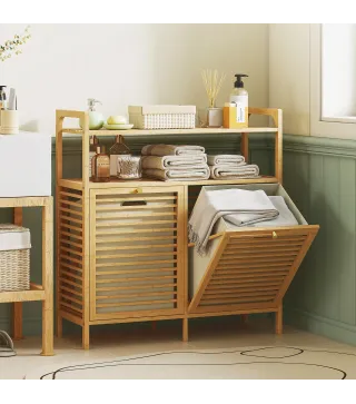 Mueble Ropa Sucia de Bambú 2 Bolsas de Ropa Extraíbles y Lavables con Asa 2 Estantes Abiertos 82x33x88 cm Natural