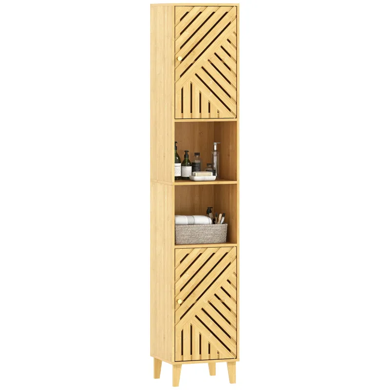 Columna de Baño Estrecha con Puertas y Patas de Bambú Estantes Ajustables Compartimento Abierto 32x30x170 cm Natural