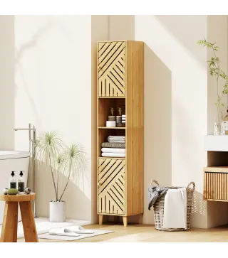 Columna de Baño Estrecha con Puertas y Patas de Bambú Estantes Ajustables Compartimento Abierto 32x30x170 cm Natural