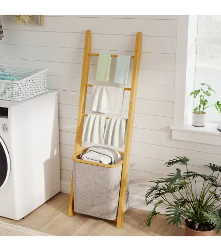 Estantería para Baño de Bambú Toallero de Pie con 3 Barras Cesto para Ropa Sucia Extraíble de 48 L Crema