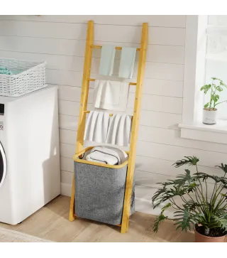 Estantería para Baño de Bambú Toallero de Pie con 3 Barras Cesto para Ropa Sucia Extraíble de 48 L Gris