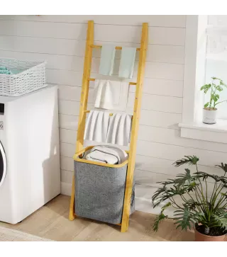 Estantería para Baño de Bambú Toallero de Pie con 3 Barras Cesto para Ropa Sucia Extraíble de 48 L Gris
