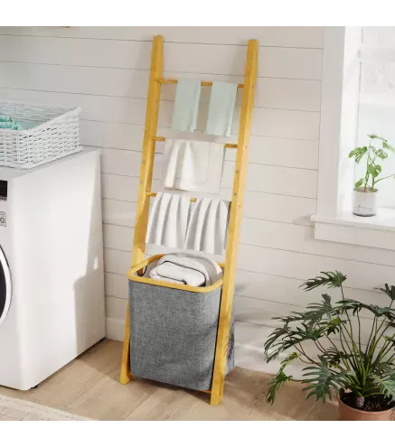Estantería para Baño de Bambú Toallero de Pie con 3 Barras Cesto para Ropa Sucia Extraíble de 48 L Gris