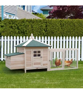 Gallinero de Madera Exterior, Jaula para Gallinas con Nidos, Corral, Bandeja Extraíble, Tapa Abatible, 196x76x97 cm, Natural