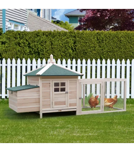 Gallinero de Madera Exterior, Jaula para Gallinas con Nidos, Corral, Bandeja Extraíble, Tapa Abatible, 196x76x97 cm, Natural