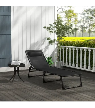 Tumbona Plegable Ajustable de 4 Posiciones con Sistema de Cordones para Exterior Marco Acero 189x58x30 cm Negro
