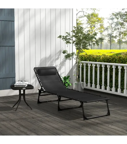 Tumbona Plegable Ajustable de 4 Posiciones con Sistema de Cordones para Exterior Marco Acero 189x58x30 cm Negro