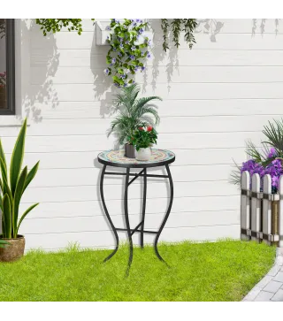 Mesa de Jardín Redonda Mesa Auxiliar de Mosaico con Patas de Metal para Patio Terraza Exterior Balcón Ø35,5x53,5 cm Turquesa