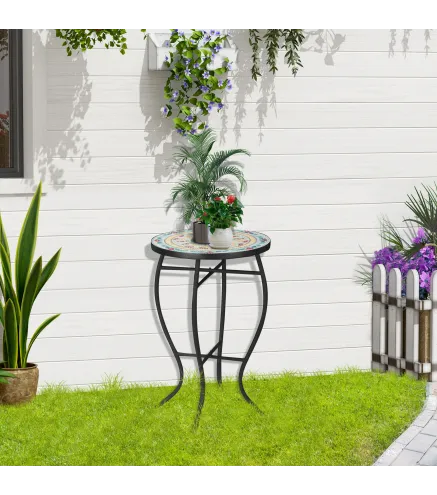 Mesa de Jardín Redonda Mesa Auxiliar de Mosaico con Patas de Metal para Patio Terraza Exterior Balcón Ø35,5x53,5 cm Turquesa