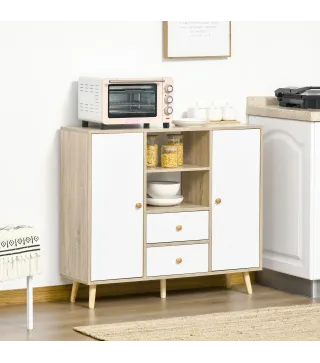 Aparador de Salón con 2 Puertas 2 Cajones y 2 Estantes Abiertos Mueble Auxiliar de Almacenaje para Cocina Recibidor 100x