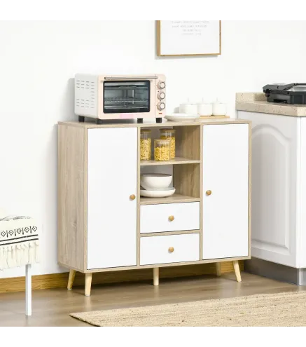 Aparador de Salón con 2 Puertas 2 Cajones y 2 Estantes Abiertos Mueble Auxiliar de Almacenaje para Cocina Recibidor 100x