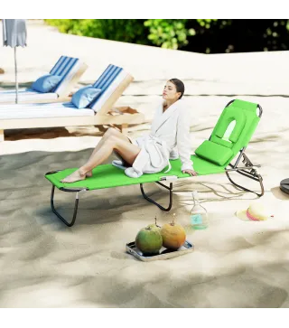 Tumbona Plegable con Respaldo Regulable en 4 Posiciones Tumbona de Jardín con Orificio de Lectura Almohada Marco Metálico y Tela