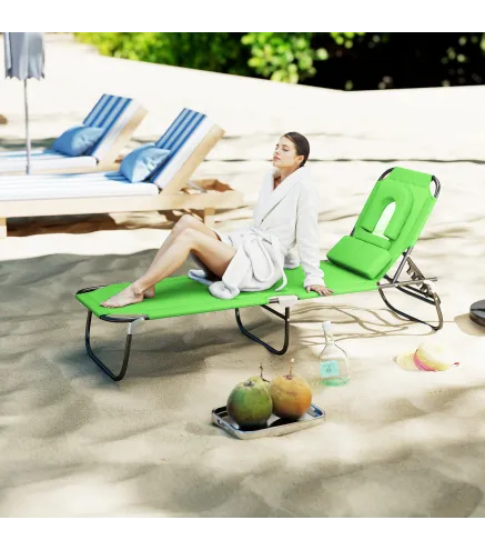 Tumbona Plegable con Respaldo Regulable en 4 Posiciones Tumbona de Jardín con Orificio de Lectura Almohada Marco Metálico y Tela