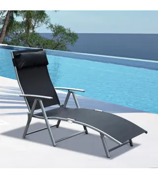Tumbona de Jardín Plegable con Respaldo Ajustable en 7 Niveles Almohada y Reposabrazos 137x63,5x100,5 cm Negro