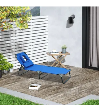 Tumbona Plegable con Respaldo Regulable en 4 Posiciones Tumbona de Jardín con Orificio de Lectura Almohada Marco Metálico y Tela