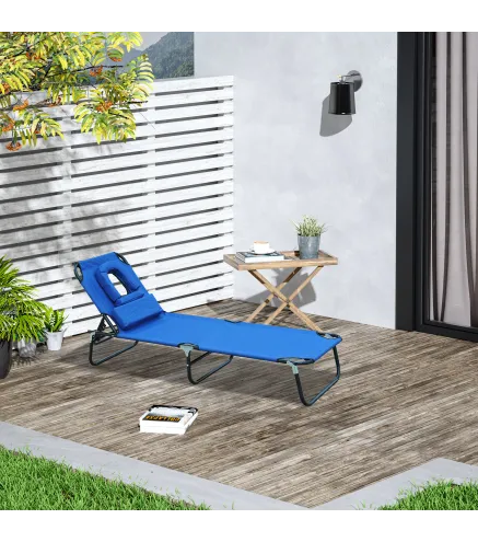 Tumbona Plegable con Respaldo Regulable en 4 Posiciones Tumbona de Jardín con Orificio de Lectura Almohada Marco Metálico y Tela