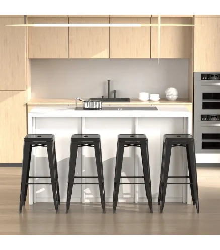 Conjunto de 4 Taburetes de Bar Estilo Industrial Apilables y con Reposapiés Aptos para Interiores y Exteriores 43x43x76 cm Carga