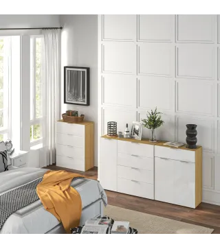 Aparador de Salón Cajonera y Cómoda con 4 Cajones Puerta y Estantes Ajustables 105x35x92 cm Blanco y Natural