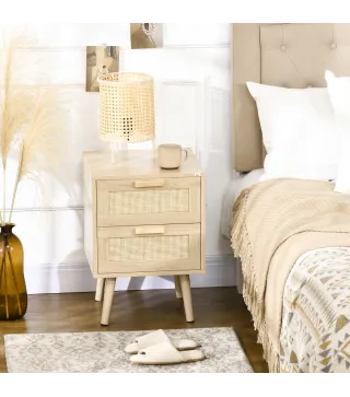 Mesita de Noche Estilo Cannage Mesilla de Noche con 2 Cajones y Patas de Madera para Salón Dormitorio 40x40x56cm Natural