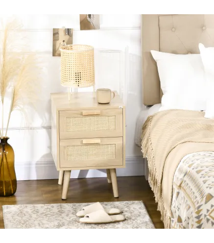 Mesita de Noche Estilo Cannage Mesilla de Noche con 2 Cajones y Patas de Madera para Salón Dormitorio 40x40x56cm Natural