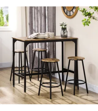 Set de Mesa Bar y 4 Taburetes Muebles Altos con Mesa de 110x50x89,5 cm y Taburetes de Ø30x60,5 cm Negro y Madera