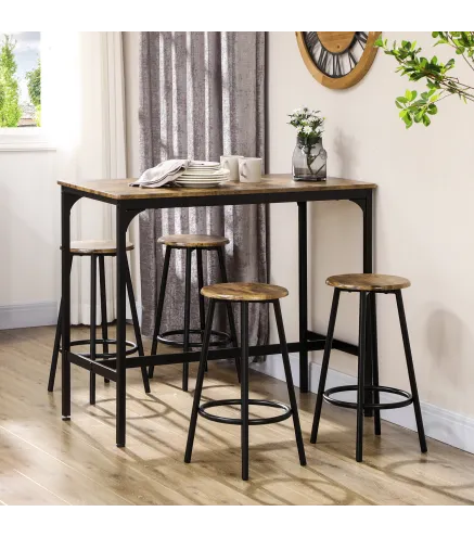 Set de Mesa Bar y 4 Taburetes Muebles Altos con Mesa de 110x50x89,5 cm y Taburetes de Ø30x60,5 cm Negro y Madera