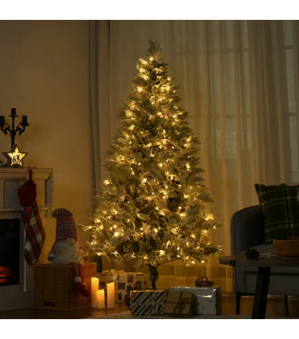 Árbol de Navidad Artificial 180 cm con 300 Luces LED Blancas Cálidas con 577 Ramas Apertura Automática Base Plegable