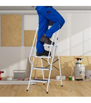 Escalera Plegable de 4 Peldaños Escalera de Tijera con Apoyabrazos y Portaherramientas 50x83x155 cm Blanco y Negro