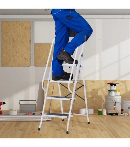 Escalera Plegable de 4 Peldaños Escalera de Tijera con Apoyabrazos y Portaherramientas 50x83x155 cm Blanco y Negro