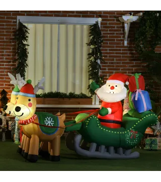 Decoración Inflable de Navidad Papá Noel con Trineo y 2 Renos Decoración Navideña con 4 Luces LED 210x70x125 cm
