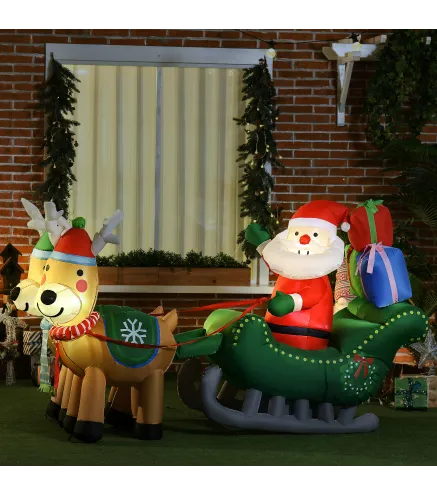 Decoración Inflable de Navidad Papá Noel con Trineo y 2 Renos Decoración Navideña con 4 Luces LED 210x70x125 cm