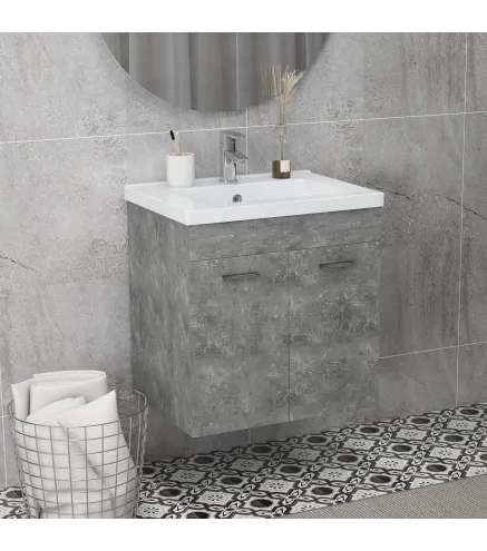 Mueble de Baño con Lavabo Cerámico Armario Bajo de Lavabo de Pared con 2 Puertas Estante Ajustable 60x45,5x60 cm Gris