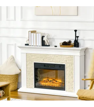 Chimenea Eléctrica con Calefacción 1800W Efecto de Llama con Control Remoto Temporizador 120x24x80 cm Blanco