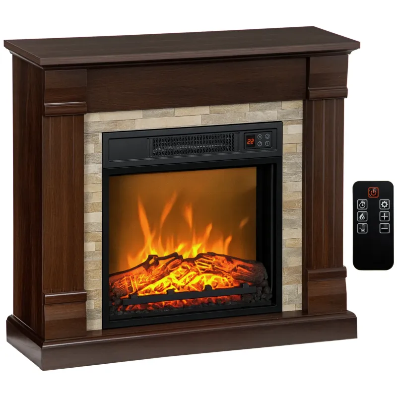 Chimenea Eléctrica 1800W Calentador de Chimenea con Efecto de Llama Mando a Distancia Temporizador 80x21,6x67,8cm Marrón